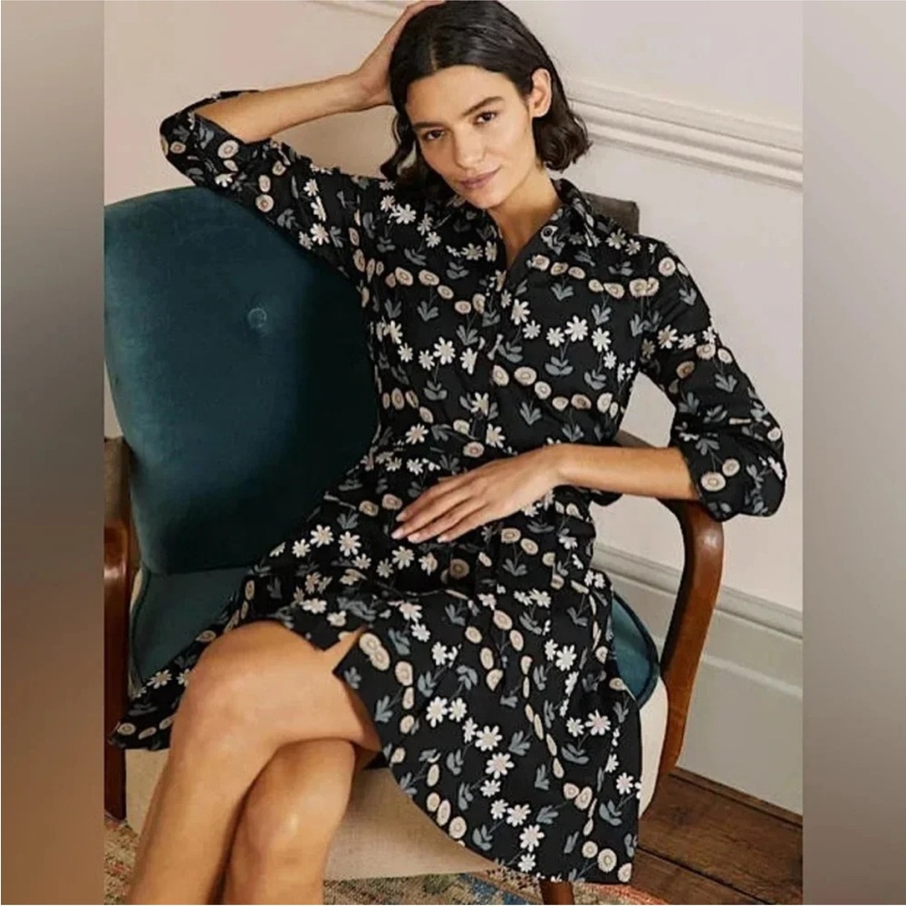 Boden Black Floral Shirt Dress with Cream and Light Blue Accents